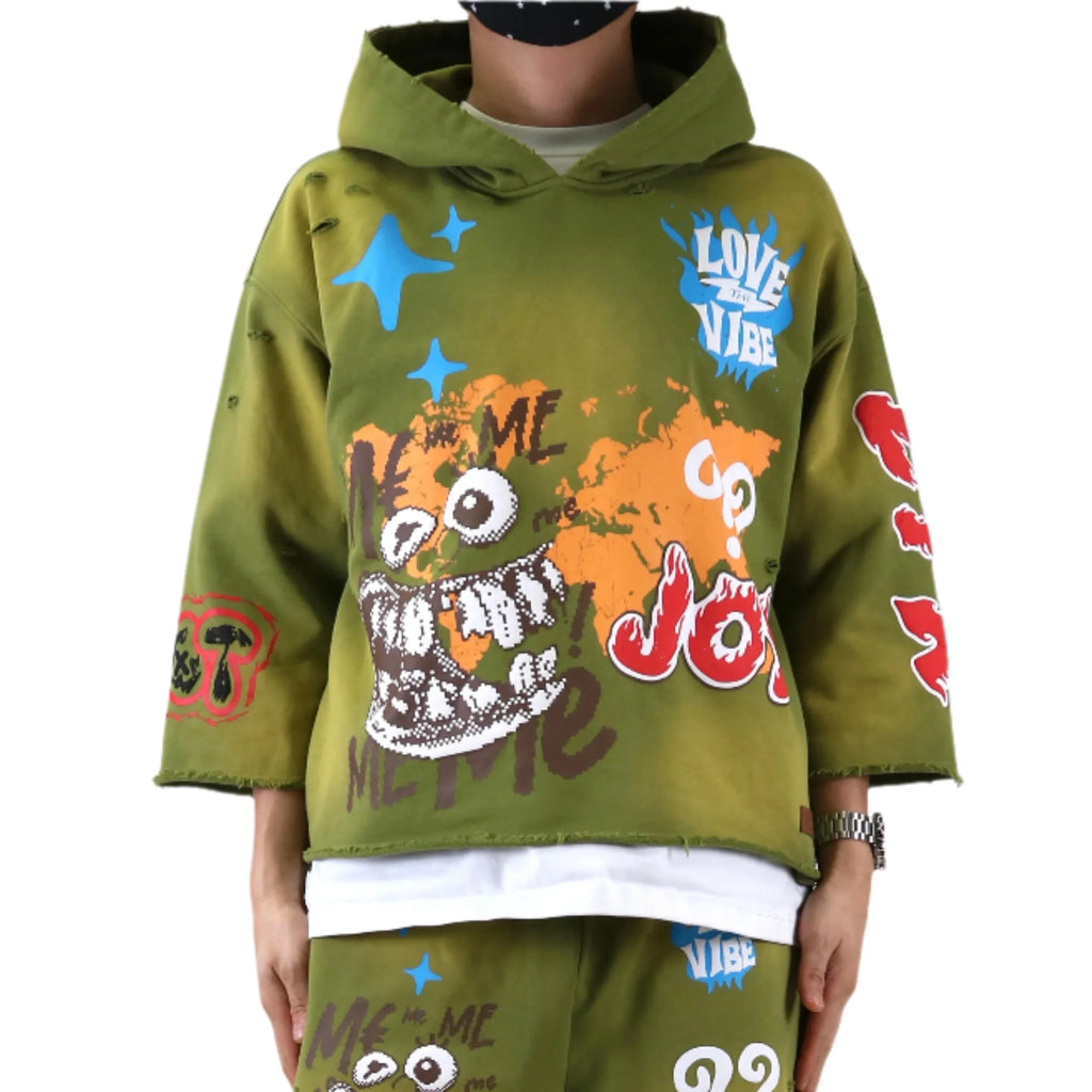 GARNIO French Terry 3/4 Sleeve Crop Top Pullover Hoodie